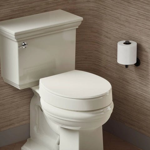 Bathroom with Hyten 3 Inch Elevated Soft Close Round Toilet Seat With Contoured Comfort Grip Tight Bumpers Quick Attach Hardware.