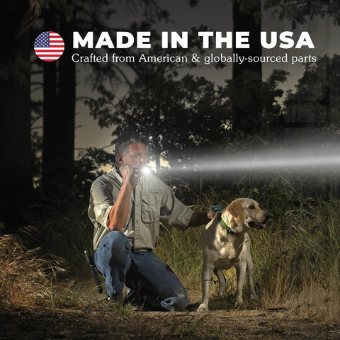 Man using Two Cell CR123 LED Tactical Flashlight With 378 Lumen Output, 217 Meter Beam Distance in forest with dog