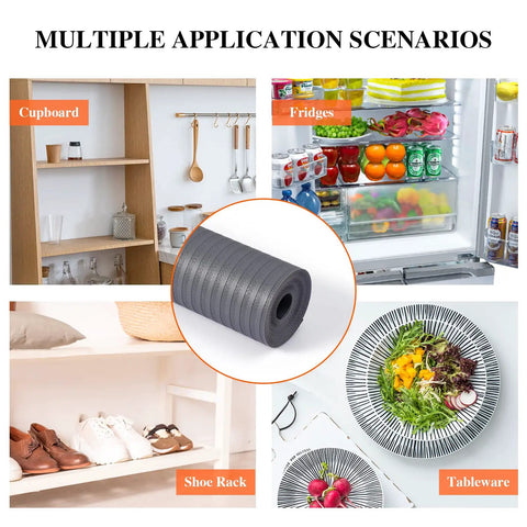 Non Adhesive Shelf Liner For Kitchen Cabinets And Drawers Features Washable Anti Slip Patterns; shown in cupboard, fridge, shoe rack, and tableware.