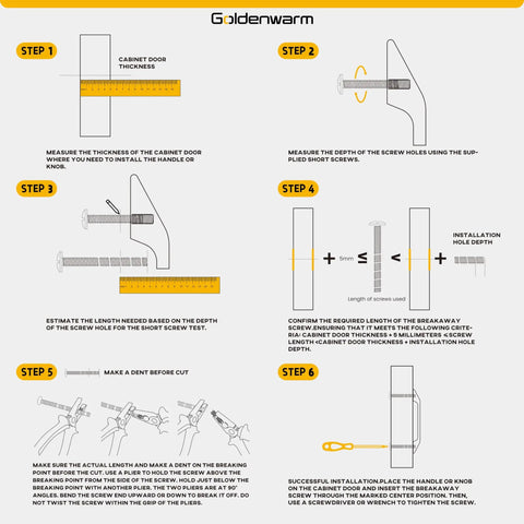 Installation guide for 5 Pack Brushed Nickel T Bar Cabinet Knobs, showing step-by-step for mounting on cabinet doors.