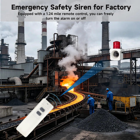 Straight Up Heavy Duty Wireless Alarm Siren With Bright Led Strobe And Loud 120Db Horn, Long Range Remote Control, in industrial factory with remote.