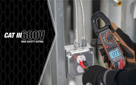 Clamp Meter 400A AC DC True RMS With Hands Free Testing 21530T being used for current readings in electrical circuit