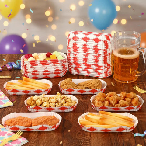 Bulk 300 Piece 6 Inch Disposable Paper Hot Dog Trays Featuring A Red Diamond Grid Layout Grease Resistant Serving Plates For Backyard Cookouts And Weekend Kickbacks with assorted foods.