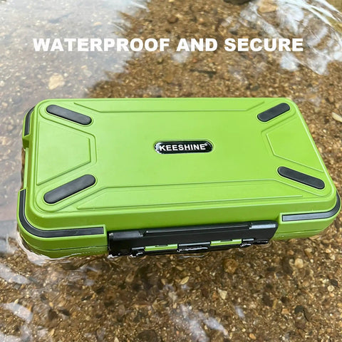 Green floating double sided fishing tackle box with adjustable dividers floating in water, suitable for organizing small items.