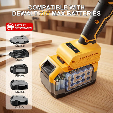5.5 Inch Cordless Circular Saw Tool Only Compatible With DeWalt 20V Max Batteries showing battery compatibility on wood surface.