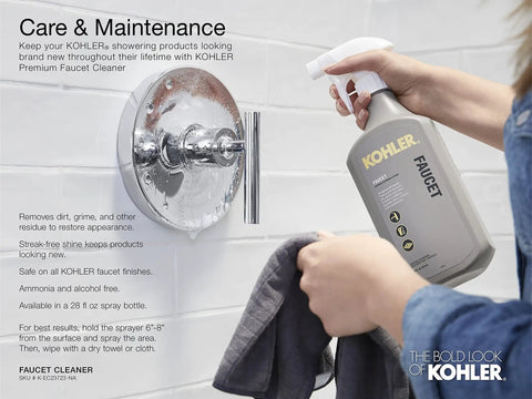 Person cleaning shower faucet with KOHLER Premium Faucet Cleaner spray, showcasing faucet care instructions by KOHLER