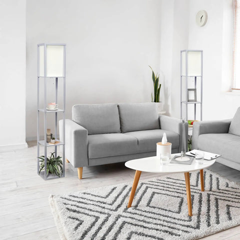 Sleek Gray Etagere Floor Lamp With Linen Shade And Built-In Shelves in modern living room, showcasing chic storage and lighting.