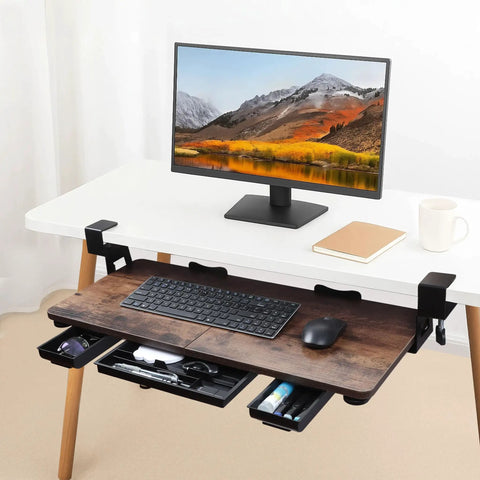 Under Desk Keyboard Tray With Storage Drawer, Heavy Duty Clamp Mount, Pro Grade Ergonomic Keyboard Stand For Home Office, Mahogany Finish