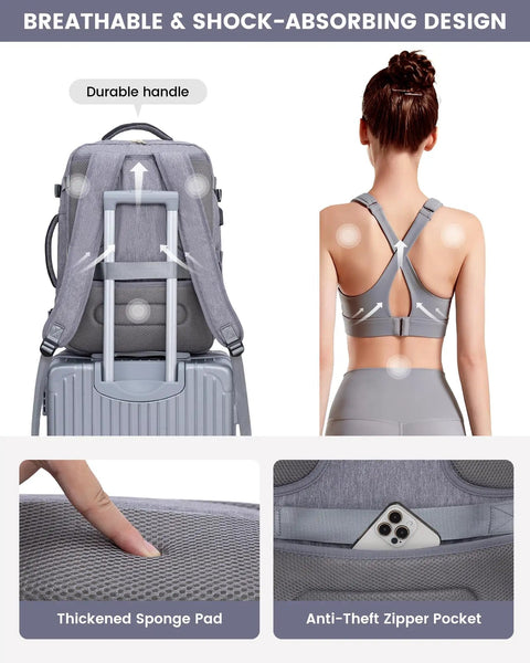 40L Travel Backpack For Women with breathable design, showing durable handle on suitcase, thickened sponge pad and anti-theft pocket.