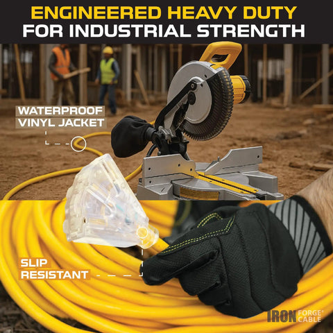 Beefy Heavy Duty 50Ft 10 Gauge Outdoor Lighted Extension Cord with 3 Outlets 15 Amp SJTW Yellow for tools at construction site