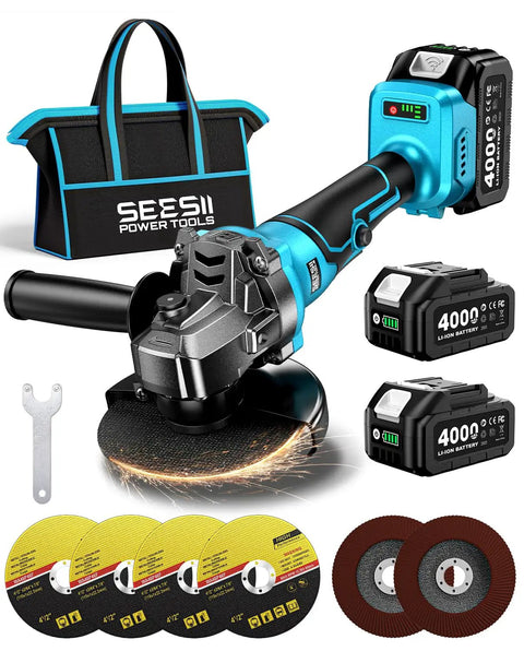 Cordless 21V Angle Grinder With Brushless Motor Delivers Up To 9500 RPM Lightweight 4-1/2 Inch Tool Includes 2x 4.0Ah Batteries