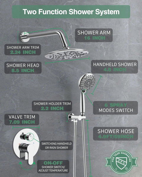 Ultimate Rain Shower System With 8.5 Inch Round Rain Head, Multi Function Handheld Spray, Chrome Finish, Wall-mounted Display