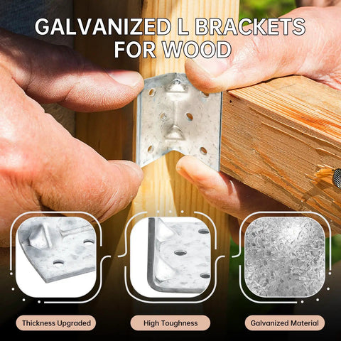 Heavy Duty Hot Dip Galvanized Corner Braces For Wood And DIY Frame Works Tough Reinforced L Angle Brackets with Support Ribs being installed.