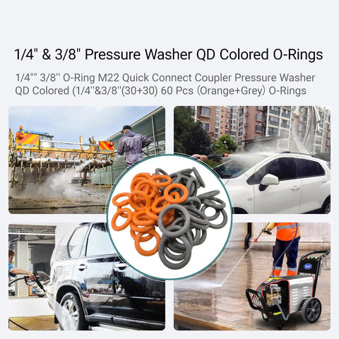 60 Pack Pro Grade Pressure Washer O Ring Set With 30 Orange One Quarter Inch And 30 Grey Three Eighths Inch Quick Connect Seals For M22 Fittings Fits Garden Hose Nozzle And Power Washer Accessories shown in use cleaning cars