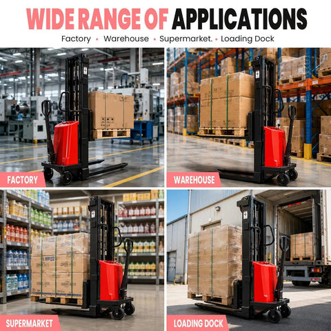 Heavy Duty Semi Electric Pallet Stacker With 3500 Lbs Lift Capacity And Walkie Forklift Design for factory, warehouse, supermarket, loading dock.
