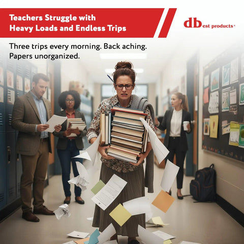 Teacher carrying a heavy load of books and papers down a school hallway, showing the struggle without a Quik Cart 360 Rolling Crate.