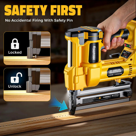 Workhorse Cordless Brad Nailer 18 Gauge 2 Inch Drive 2 In 1 Electric Staple Gun with safety lock feature for woodworking.
