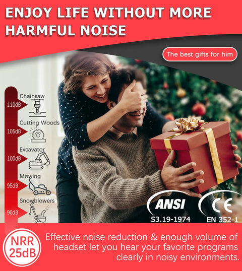 Couple exchanging gifts with noise reduction features for Heavy Duty Bluetooth Hearing Protection Headphones 6.0 Tech highlighted on left.