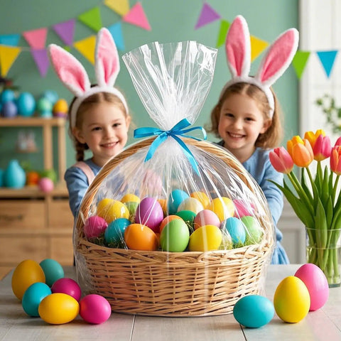 Legit Crisp Shrink Wrap Bags For Gift Baskets 40X47 Inch Xxlarge 5 Pack used for colorful Easter egg basket display.