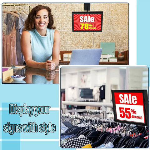 Retail use of 6 Pack Black Rectangular Faceout Sign Holders for Slatwall and Gridwall Displays 7W by 5.5H Durable Price Tag