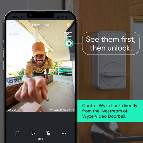Keyless Entry Smart Door Lock With WiFi And Bluetooth on door beside phone showing live video, auto lock feature visible.