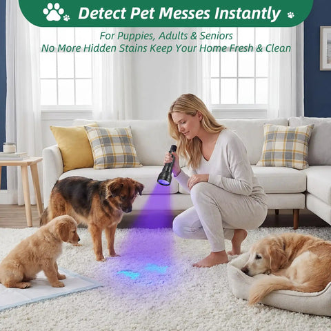 Woman using Ultimate UV Black Light Flashlight With 51 LEDs And 395 Nm Ultraviolet Beam For Pet Stains And Urine Detection Bed Bug Finder On Rugs And Carpets Great For Spotting Hidden Spills Like A Stain Hunter And Dirt on carpet with dogs in living room