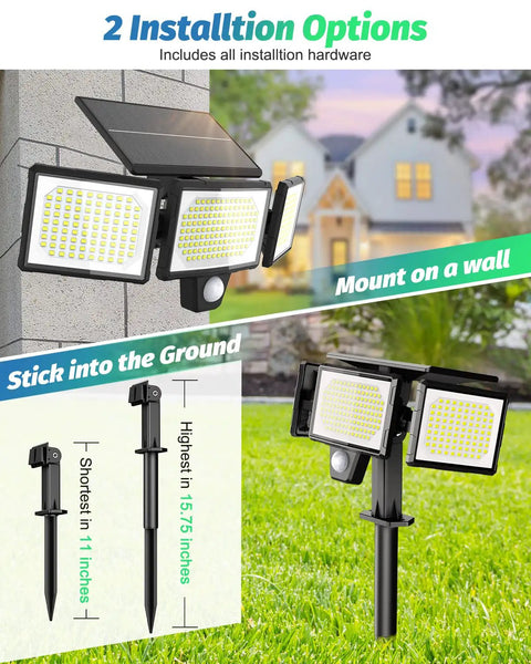 Workhorse Solar Flood Lights With 3000 Lumens Super Bright Motion Sensor And Handy Remote Large Panel shown with installation options on wall and ground.