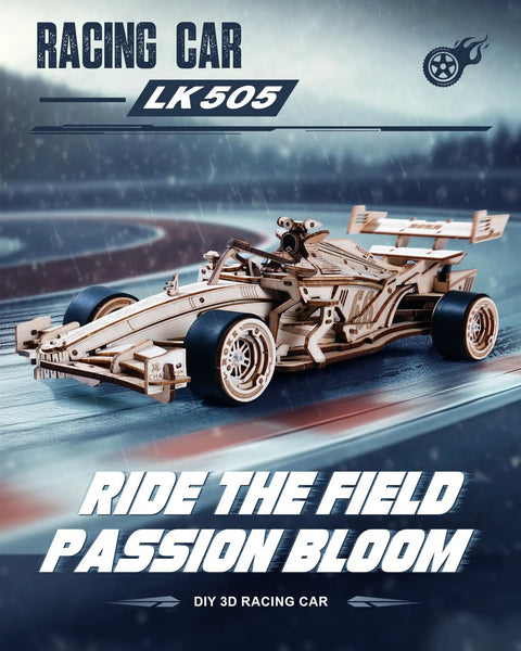 1 To 18 Scale Formula Racing Car Puzzle Kit For Adults on display, wind up wooden model car kit with realistic detail.