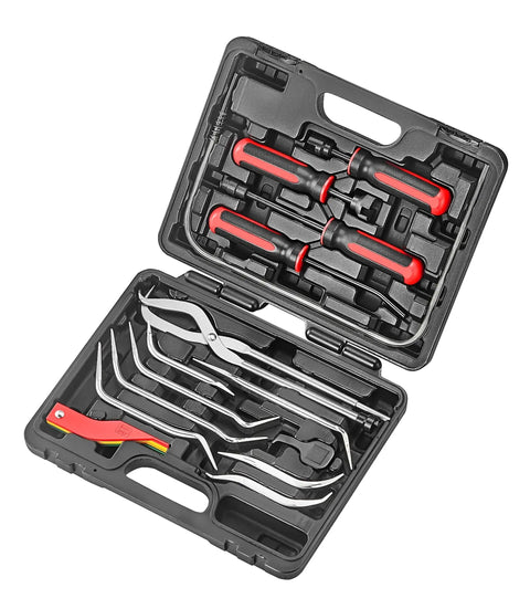 14-Piece Drum Brake Service Tool Set With Brake Lining Gauge And TPR Grip Spring Tools For Adjustment Removal And Installation On Most Domestic And Import Vehicles Including A Variety Of Spring Pliers And Removal Tools