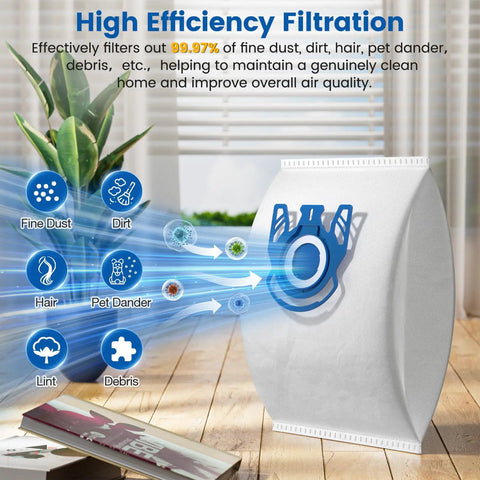 Image showcasing a 20 Pack 3D Airclean GN Vacuum Bag for Classic C1 Complete C1 C2 C3 and S Series, highlighting filtration benefits.