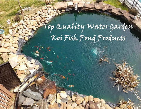 Arial view of a koi fish pond surrounded by rocks, promoting water garden products. No plant baskets are visible.