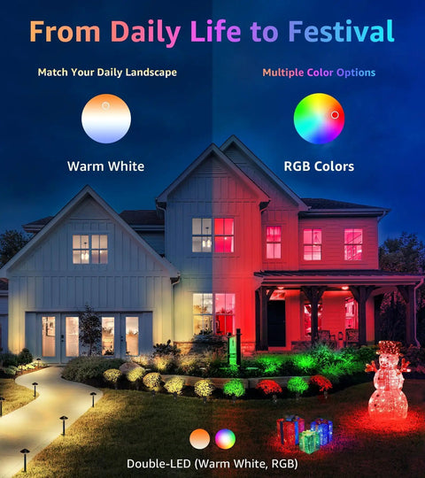 12W RGBW Lit Outdoor Landscape Lights With Remote Control illuminating a house with warm white and RGB colors for festive look