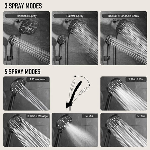 Top Tier 10 Inch Rain Shower Head With Slick Handheld Duo Delivering Heavy Duty High Pressure Kick And Five Smooth Chill Modes For Luxury Bathroom Vibes showing spray modes options.