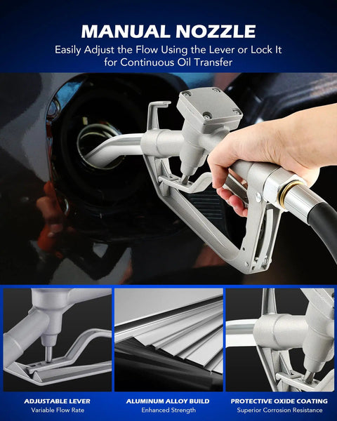 Manual nozzle of Grab And Go 12V Diesel Transfer Pump Kit in use with adjustable lever, shown in aluminum alloy build.