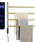 Swivel 4 Arm Towel Warmer Rack With Built In LED Timer Indicator Wall Mounted Plug In Electric Towel Heater Matte Black And Brushed Gold Finish