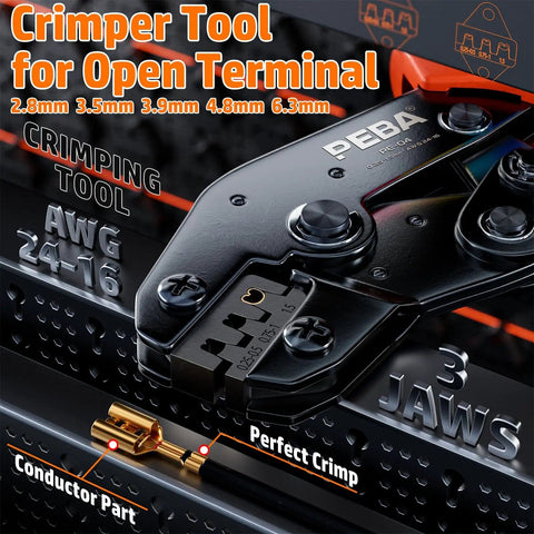 Pro Grade Open Barrel Crimping Tool Kit With Ratcheting Crimper And 10 Size Spade And Ring Terminal Connectors close-up