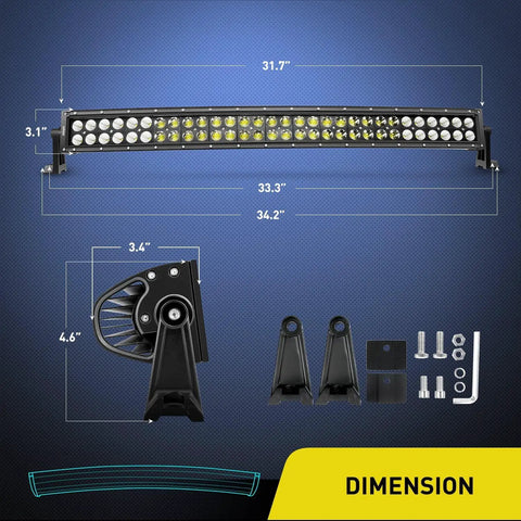 Dimensions of 32 Inch 180W Curved LED Light Bar Offroad Driving Lights With Spot Flood Combo Tough As Nails 16AWG Wiring