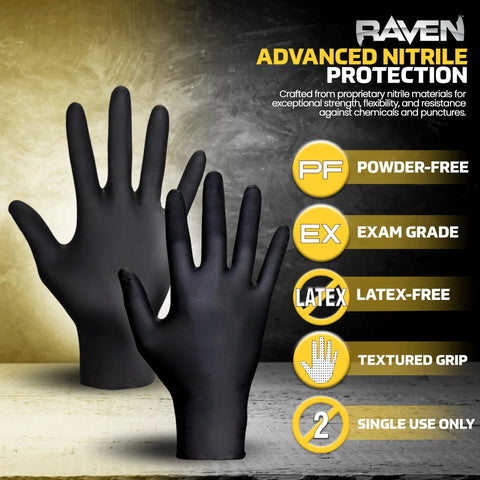 Front view: Raven powder-free nitrile disposable gloves (pair), black, latex-free with textured grip