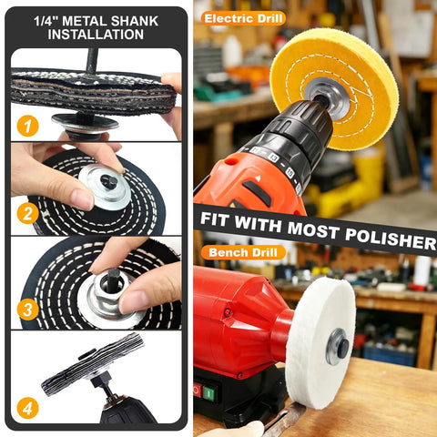 Pro Grade 4 Inch Metal Buffing And Polishing Kit for Drill installation steps shown with electric and bench drills.