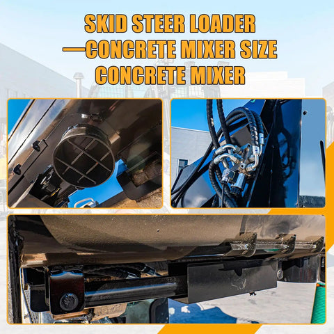 Close-up of hydraulic connections and fittings on the 92 Gallon Skid Steer Concrete Mixer Attachment Universal SSQA.