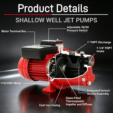 Heavy Duty Shallow Well Jet Pump Offering Kickin 3/4 HP Performance And A Straight 13 GPM Flow Rate With Zero Sweat Install And Rock Solid Dual Voltage Power For Your Yard Project, showing motor and parts.