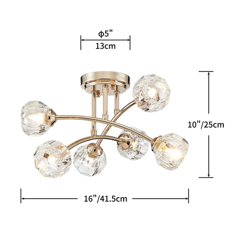 Spuntnik Crystal Ceiling Light Fixture With Six G9 Base Bulbs, Semi Flush Mount, D16 x H10, Clear Crystal With Gold Frame