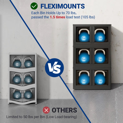 Comparison of Heavy Duty 228 Quint Stackable Storage Bins With Lids holding up to 70 lbs versus other bins limited to 50 lbs.