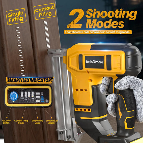 Top Shelf No Sweat Heavy Duty Cordless Brad Nailer And Broad Crown Staple Gun Compatible With Dewalt 20V Battery displaying shooting modes and LED indicator.
