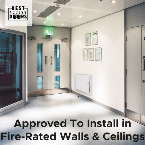 Heavy Duty Fire Rated Insulated Access Door With Flange, 24 By 36 Inch Galvannealed Steel Plate on a wall in a commercial interior.