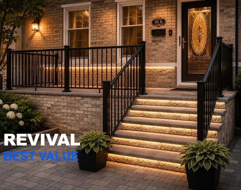 Top Notch Level Deck Railing Kit Designed For 12 To 16 Foot Spans At A Clean Forty Two Inch Rise with black posts and illuminated steps.