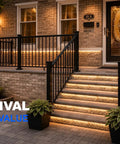 Badass Deck Railing Kit For Your Backyard, Built For 8 To 12 Foot Spans At 42 Inches High, black railing on front porch with steps.