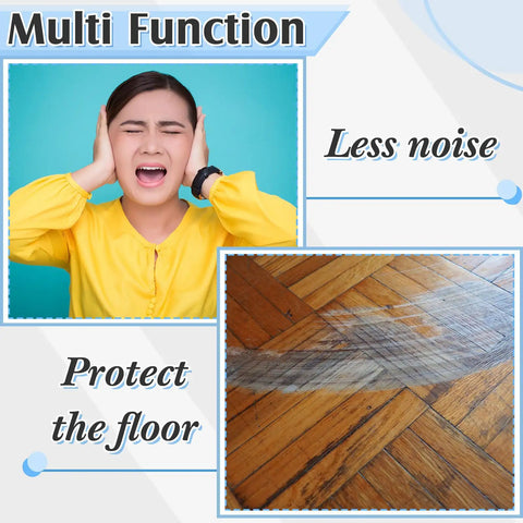 Image showing a woman in a yellow shirt covering her ears, promoting less noise and floor protection with multi-function use.