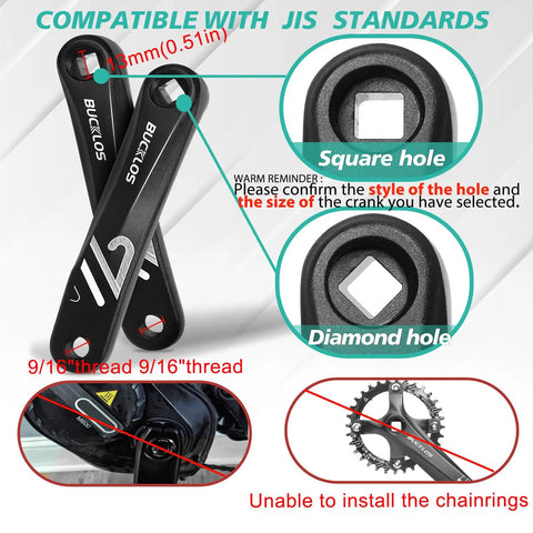 Diagram showing Beefy Aluminum Crank Arm Set For E Bikes And Mountain Rigs, square and diamond hole interfaces.