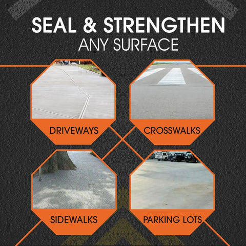 Image showing sealed driveways, crosswalks, sidewalks, and parking lots using PolyFlex DS Concrete Crack Filler and Quick Drying Asphalt Crack Sealer Kit for Floor and Wall Repairs 21 Ounces Black Waterproof Patch Sealant to Fix Cracks on Driveways Basements and Pavements.